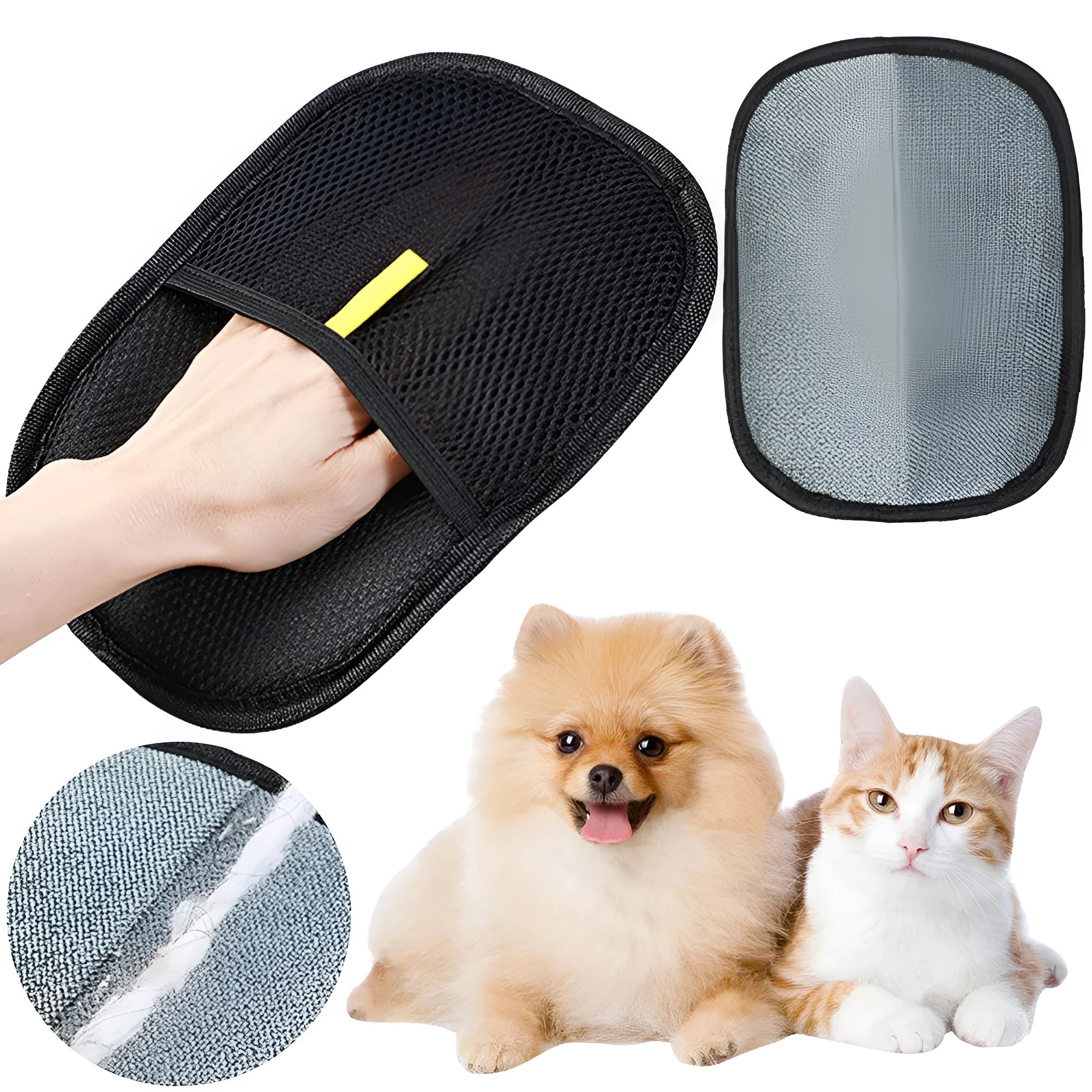 Black pet hair removal glove with silicone bristles for deshedding dogs and cats