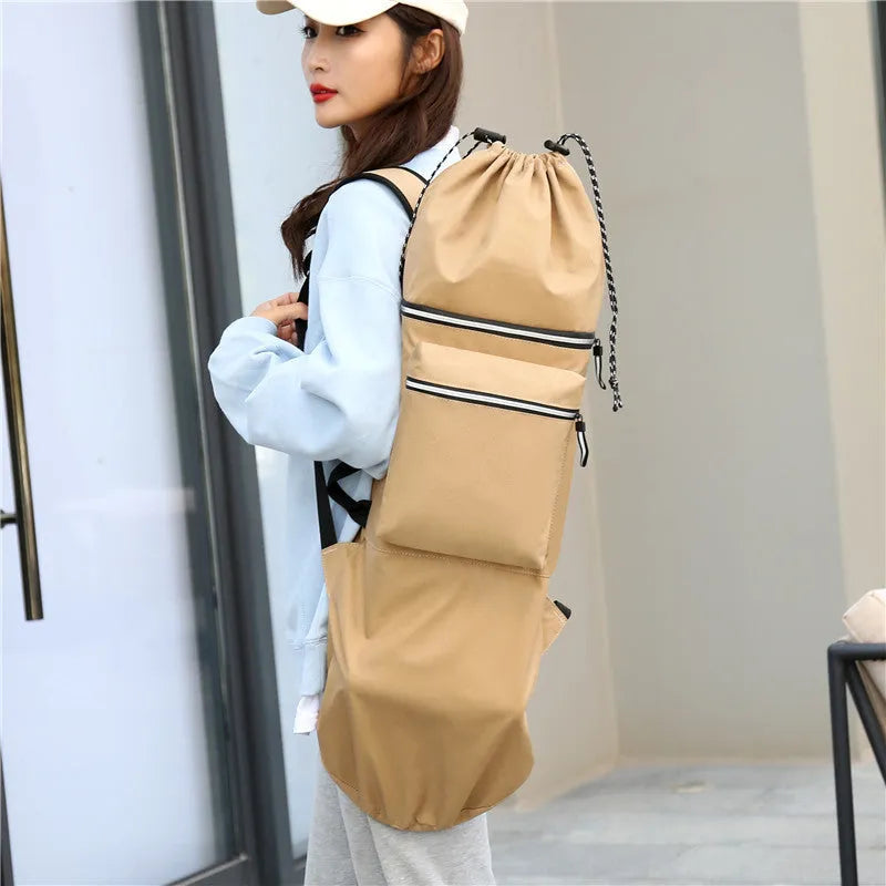 Waterproof nylon skateboard backpack with 20-35L capacity shown in camouflage colour option