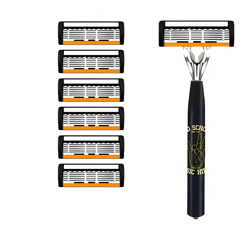 Black manual shaver cutter head with six-layer finger grip handle and multiple blade configurations.