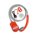 Portable outdoor electric shower in vibrant orange and yellow with ABS body and 1.8m PVC hose