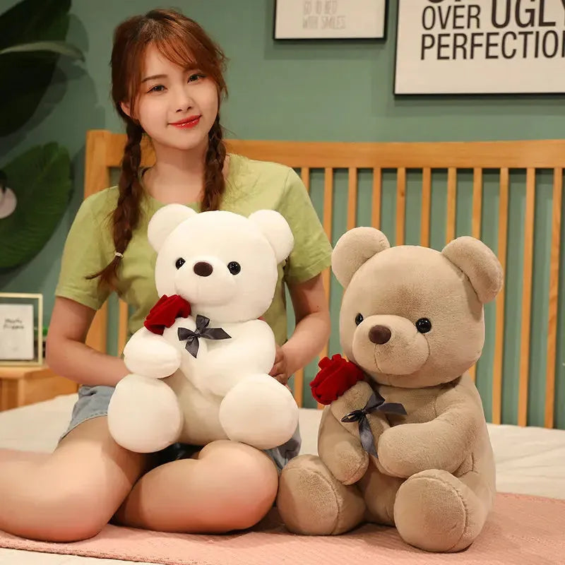 Plush teddy bear pillow in rose bear colours with cartoon design, shown in 25cm, 35cm and 45cm sizes