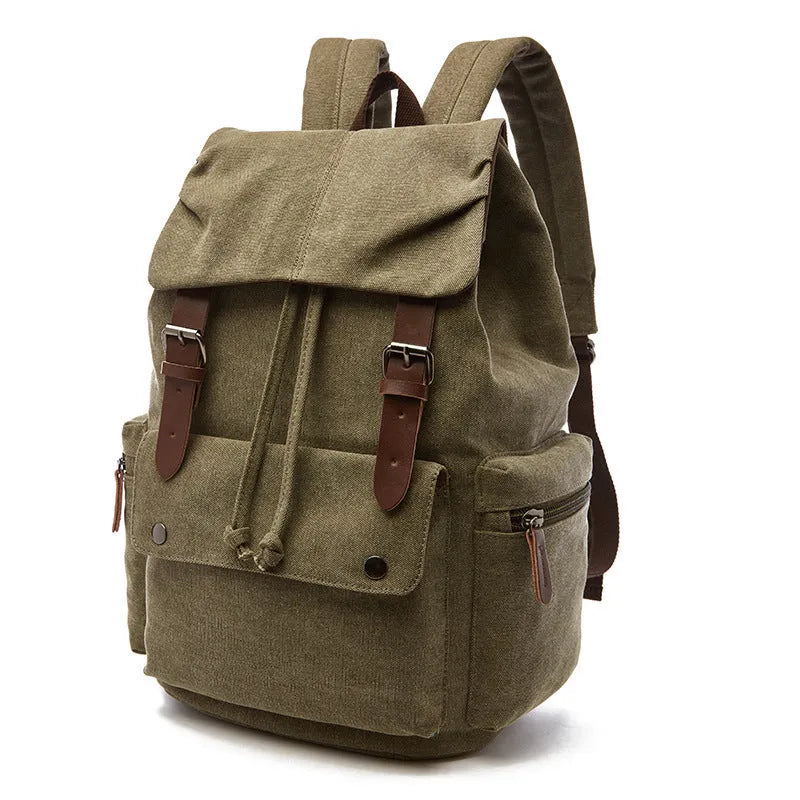 Canvas travel backpack in khaki with air pillow straps and stitched detailing
