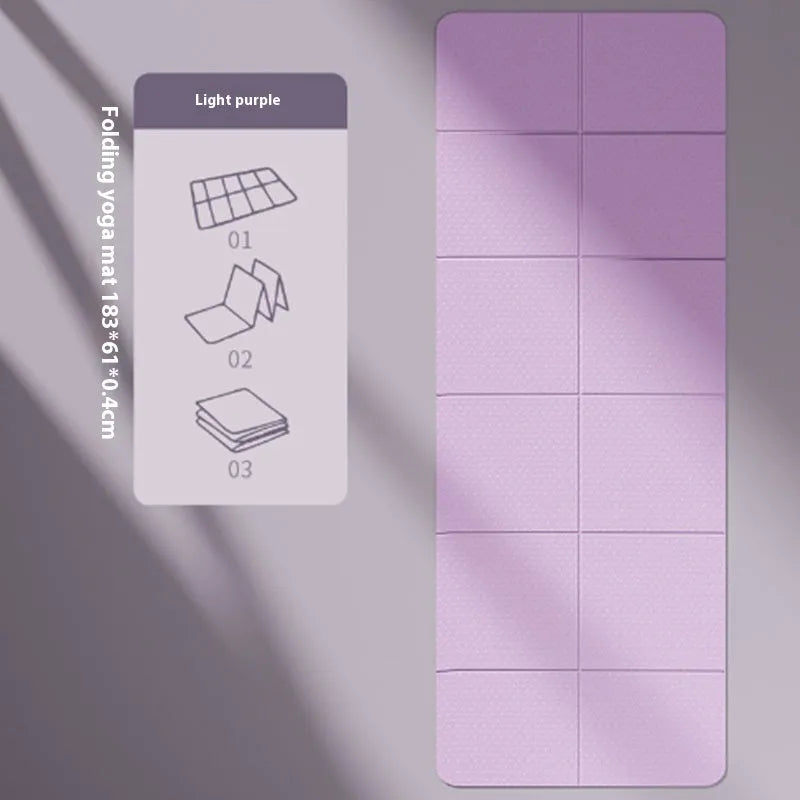 Folded and unfolded purple TPE gymnastic mat showing its six-fold design and non-slip texture.