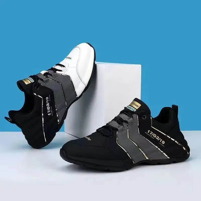 Teenagers outdoor casual sneakers with thick plastic sole and mesh lining in black and gray color matching style