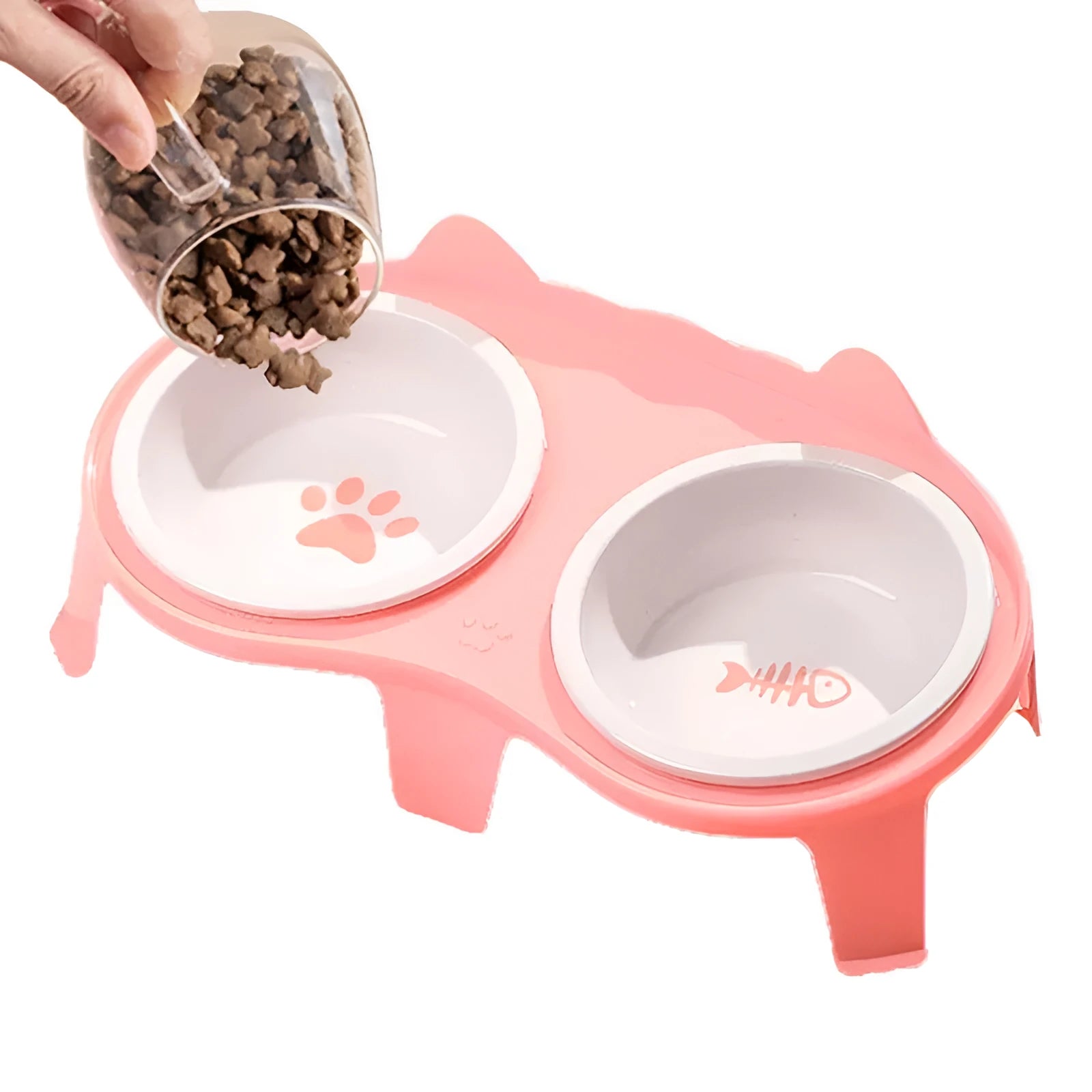 Blue ceramic cat food and water bowls in an elevated white ABS plastic stand with a hook