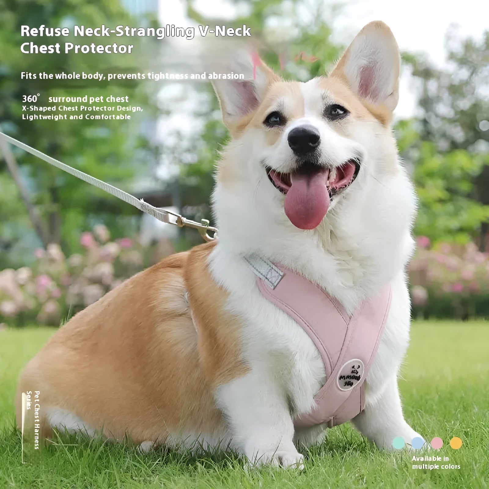 Polyester dog vest and matching hand holding rope in a choice of blue, green, pink, or yellow.