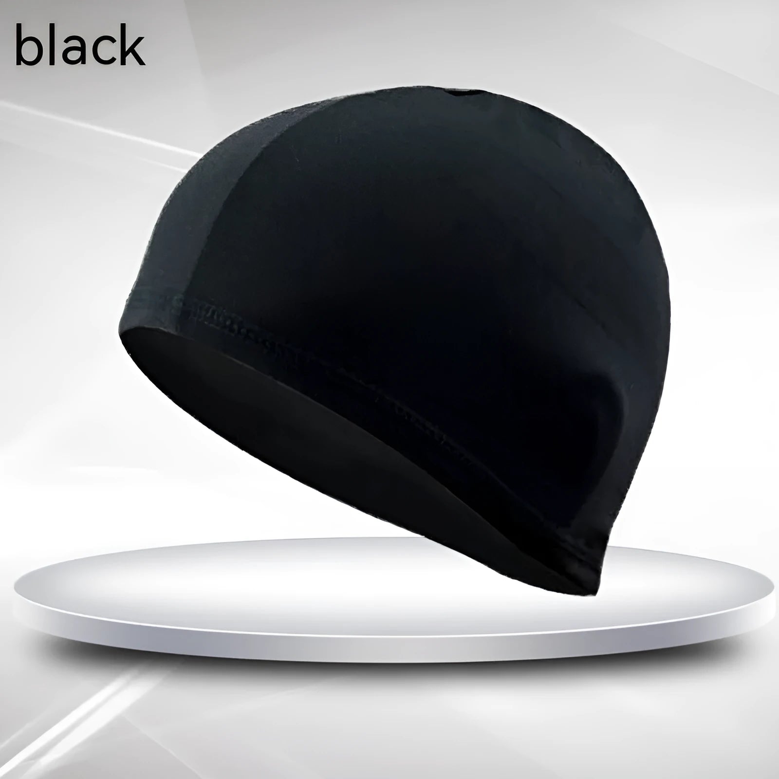 Black single line polyester swimming cap for adult unisex use in pool or beach settings