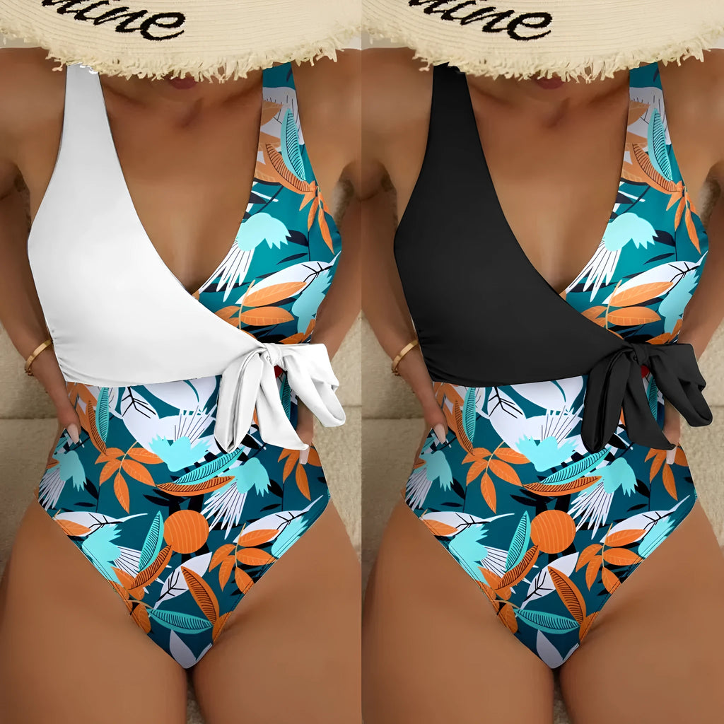 Women's high-waist printed one-piece bikini swimsuit in polyester fabric