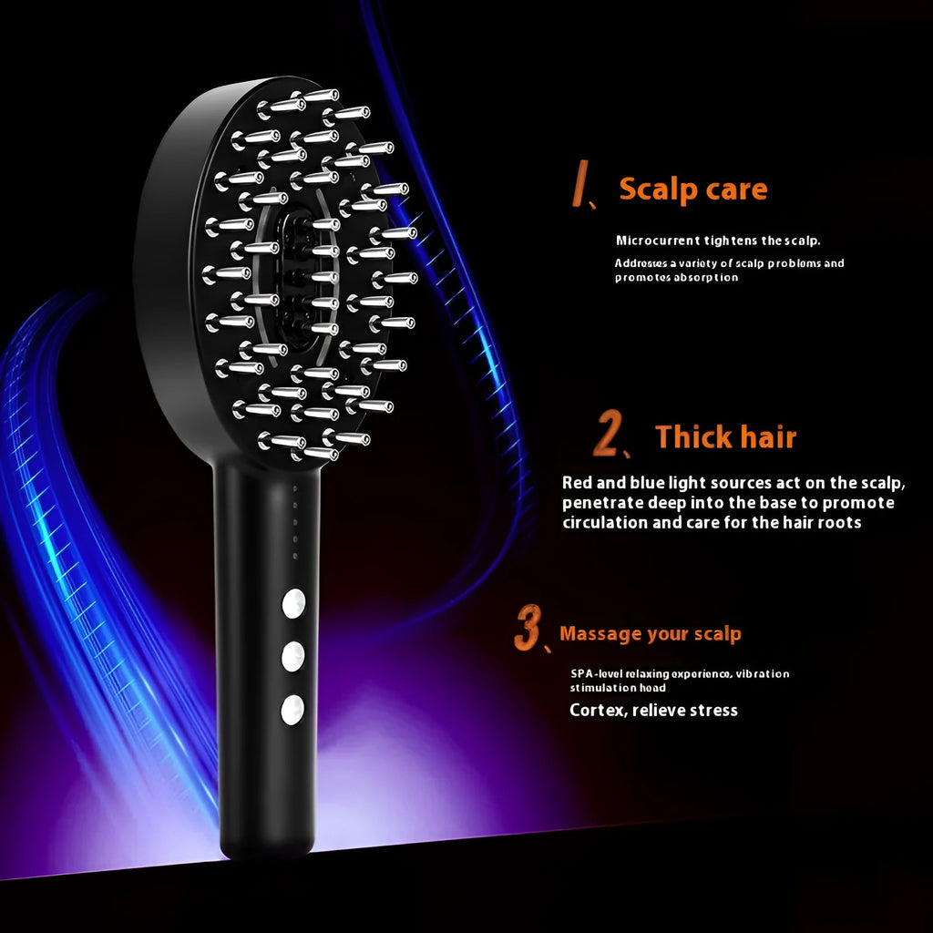 KD3802 Black handheld scalp massage device with charging cable on plain background
