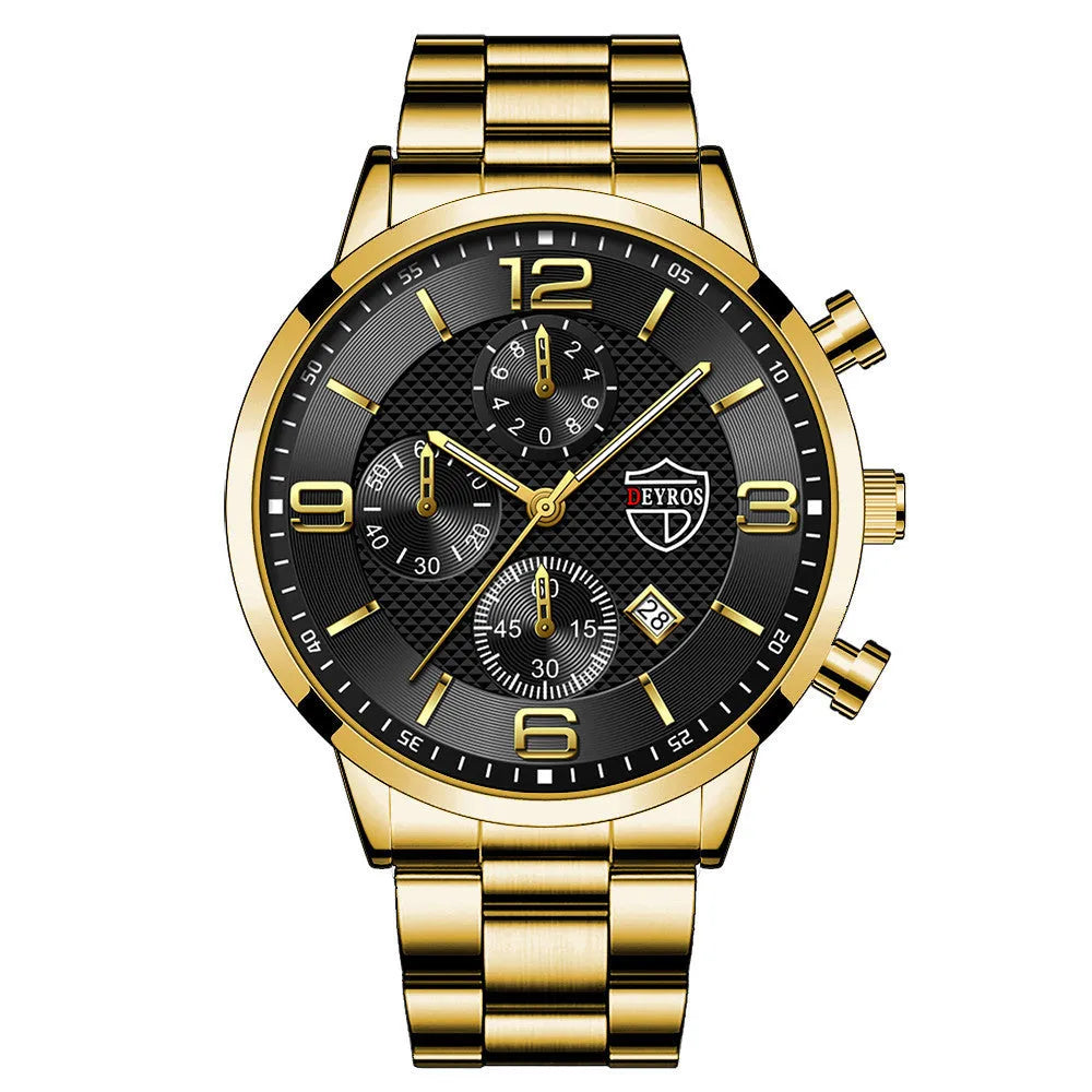 Fashion luminous men's steel band watch with 42mm round dial, calendar window, and 24-hour sub-dial on stainless steel strap