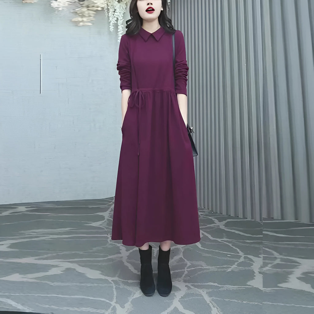 Purplish red plus size dress with extra long sleeves and long skirt for winter wear