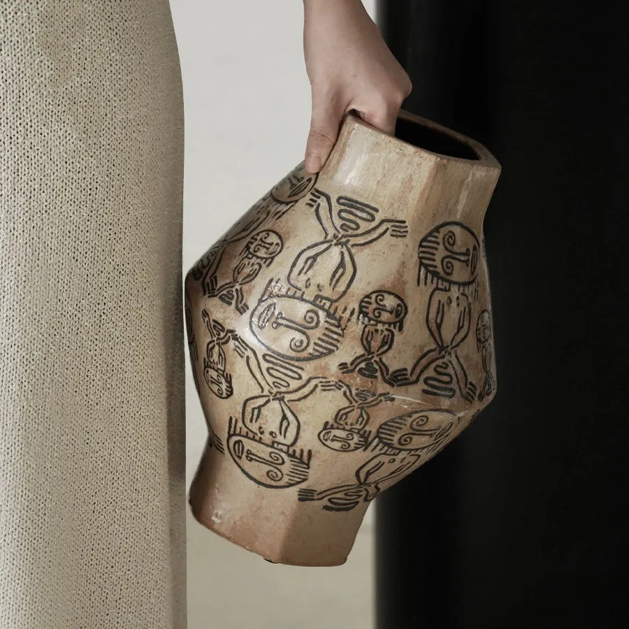 Hand-painted ceramic vase with tribal totem flower designs and vintage carved art patterns