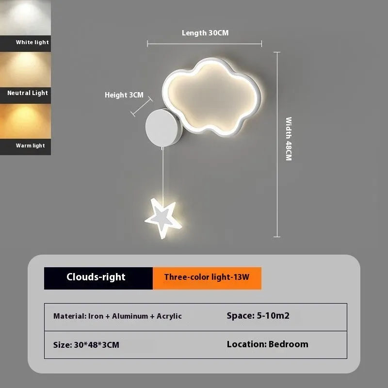 Cloud and star-shaped children's bedside wall lamp with LED lighting in black or white finish