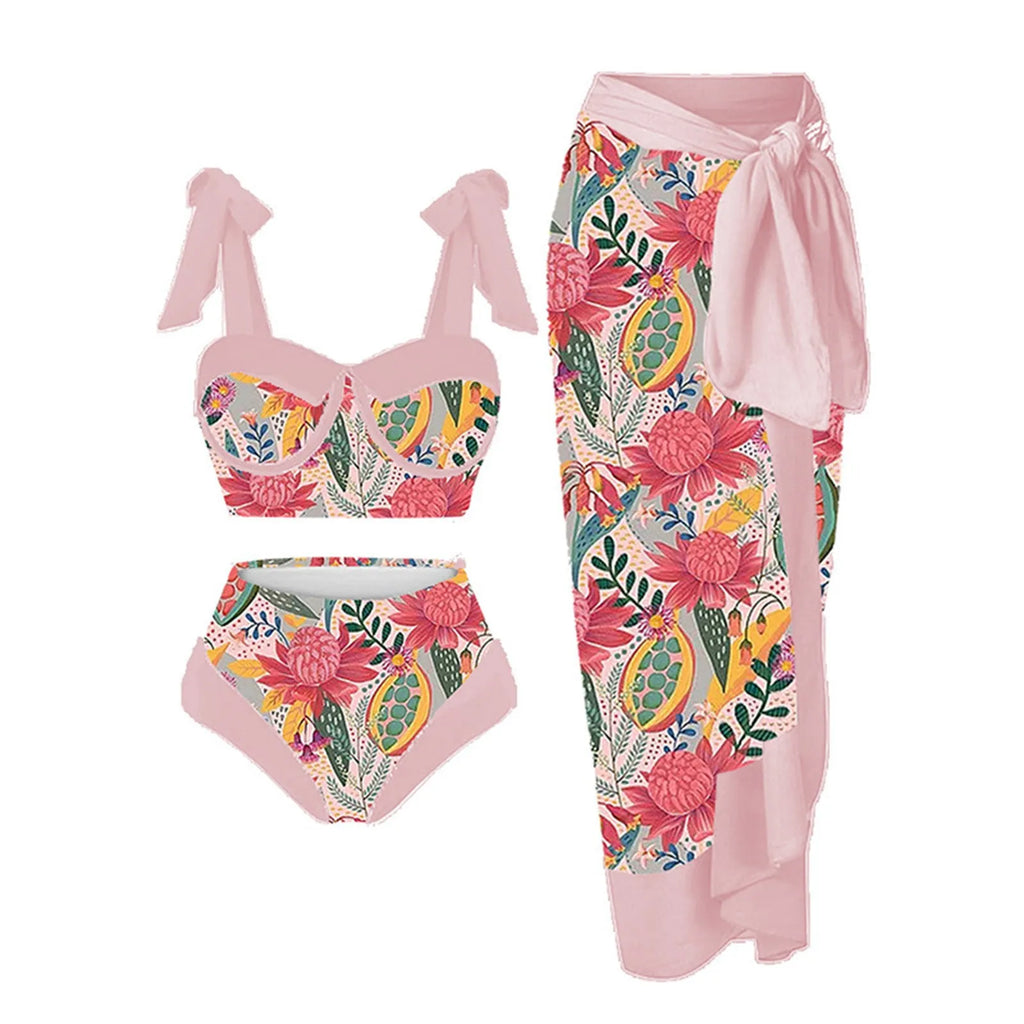 Women's printing split swimsuit three-piece in polyester fabric with high elasticity