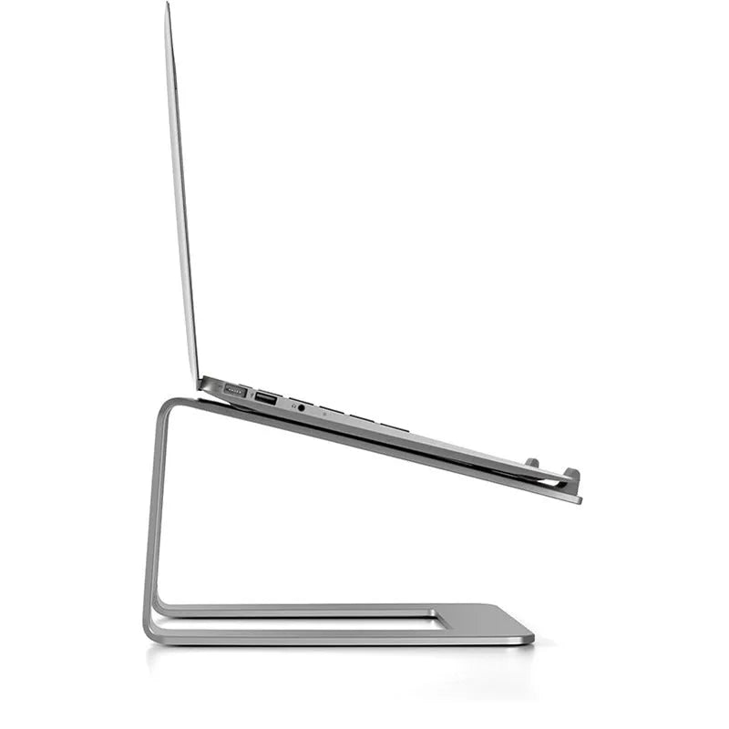Aluminium laptop stand in black or silver with ventilation gap and foldable design