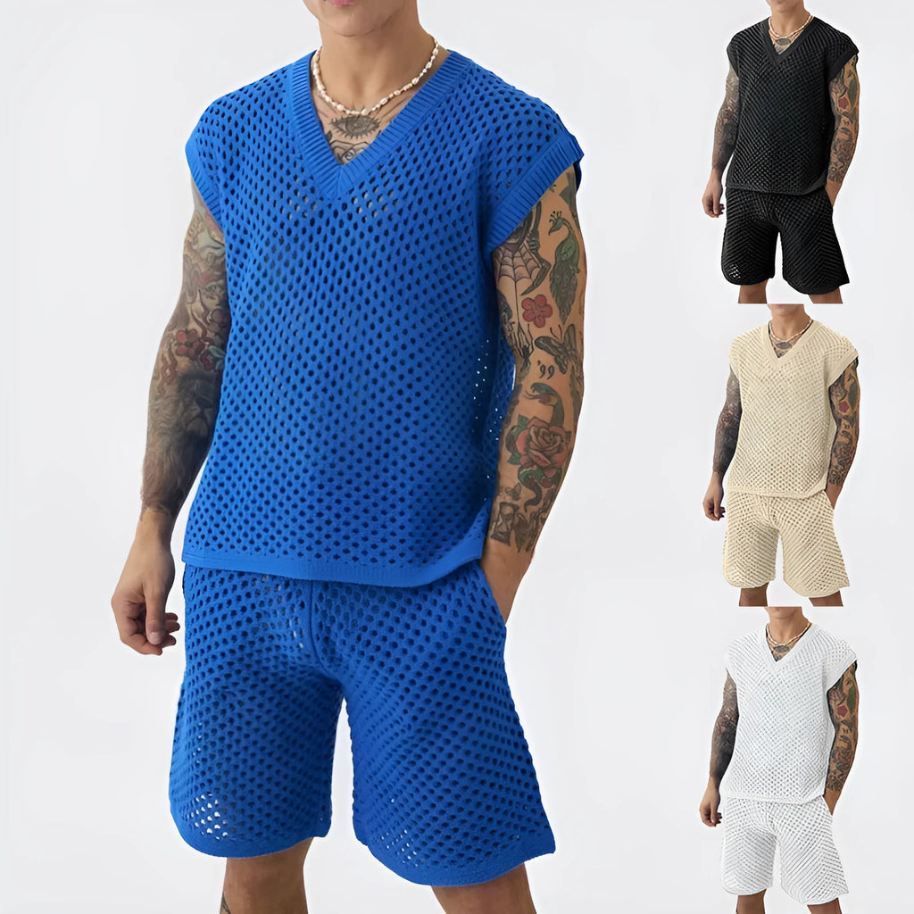 Men's blue knitted V-neck vest and shorts summer sports suit set