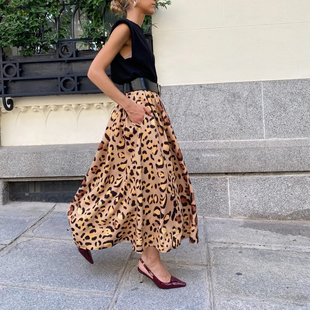 Brown leopard print women's A-line long skirt with big hem and structured polyester fabric