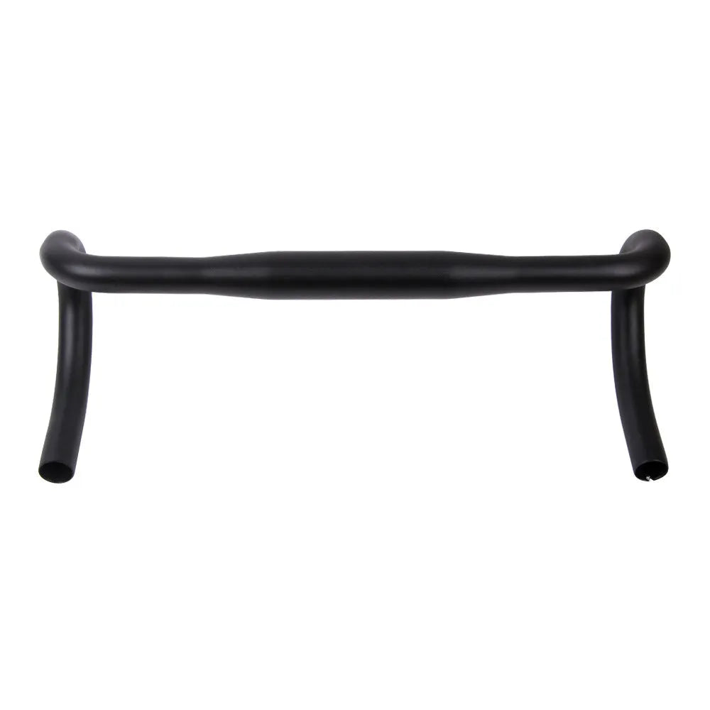 Black UNO aluminium alloy road bike drop handlebar showing bent shape and 31.8mm clamp area