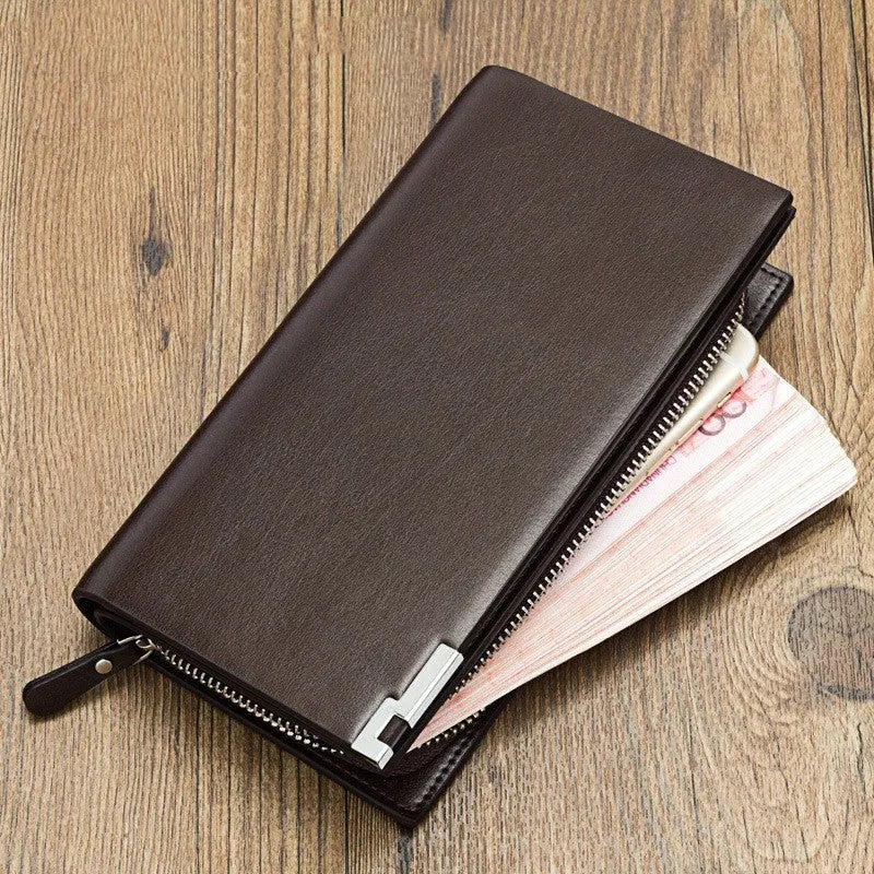 Men's black PU leather wallet with long zipper closure showing waterproof construction