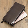 Men's black PU leather wallet with long zipper closure showing waterproof construction