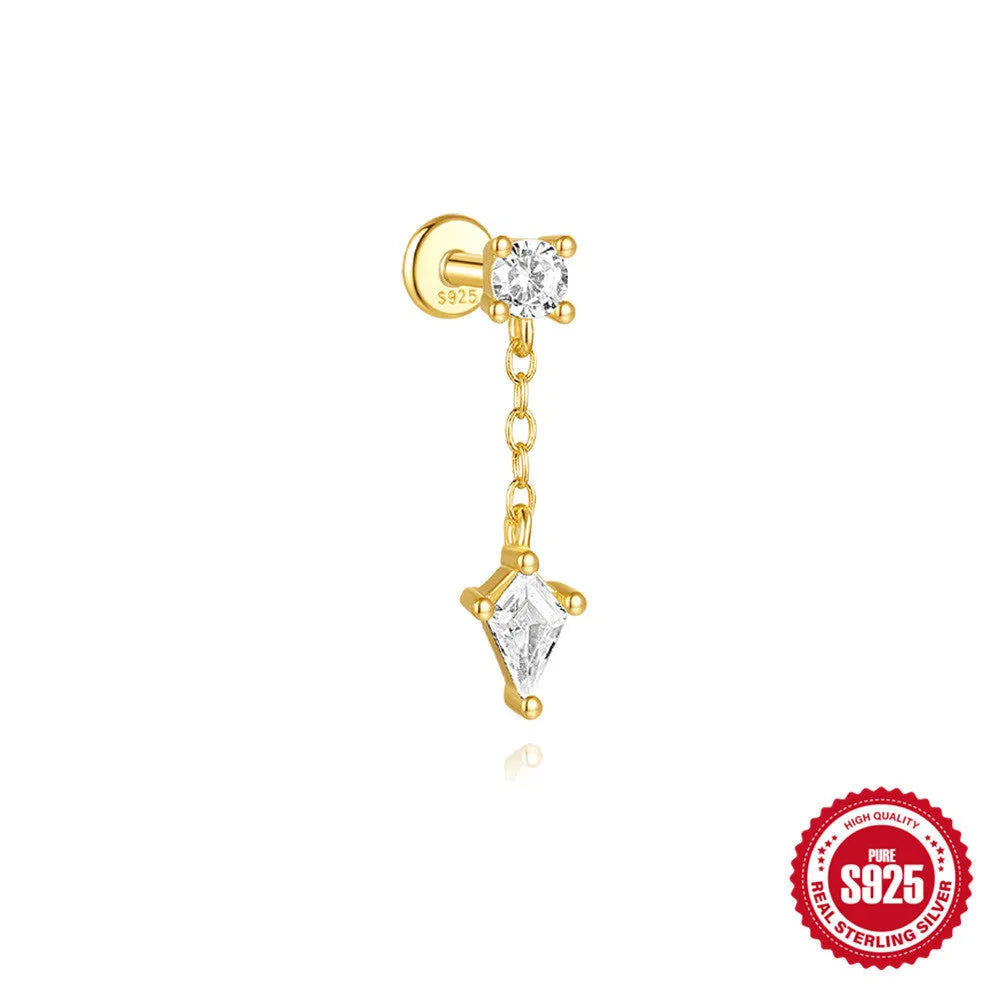S925 sterling silver geometric kite earrings with rhinestones and chain tassel in gold tone