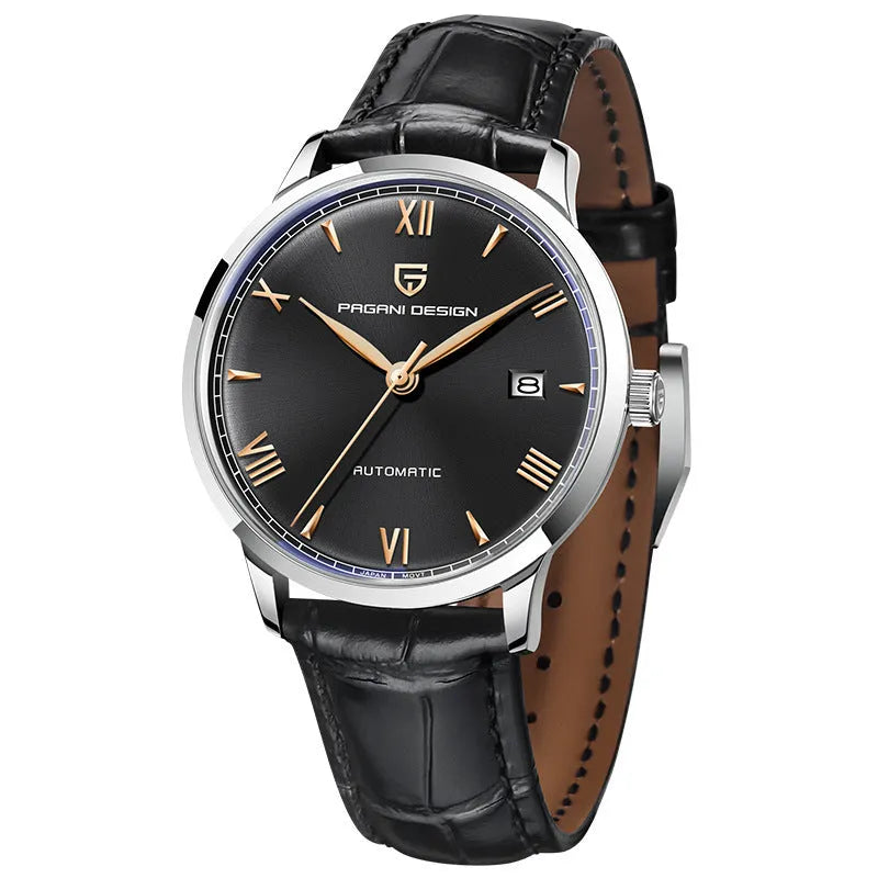 Men's automatic mechanical watch 12mm black dial with leather strap on wrist