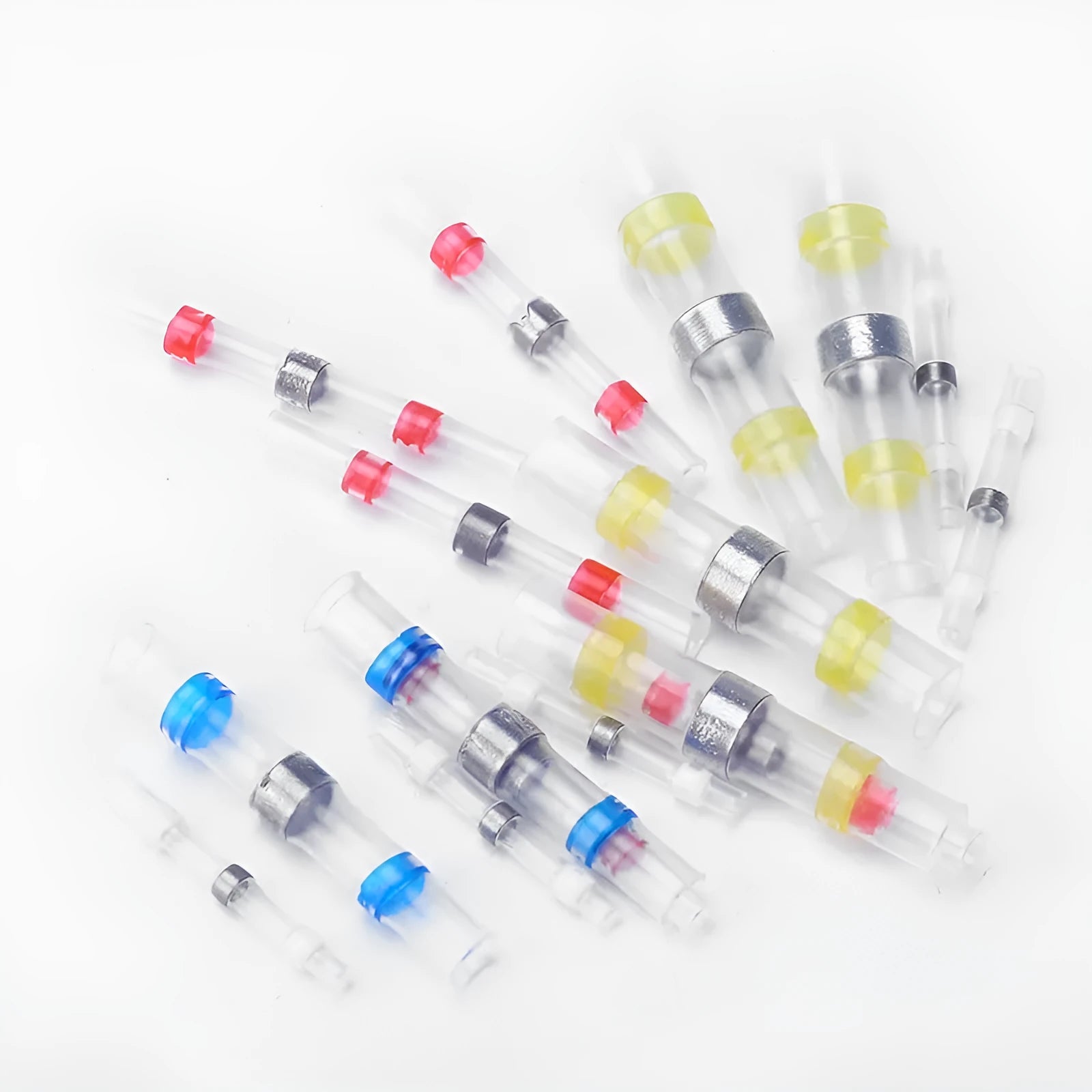 Assortment of blue, green, orange, purple, red, white, and yellow plastic heat shrink solder ring terminals