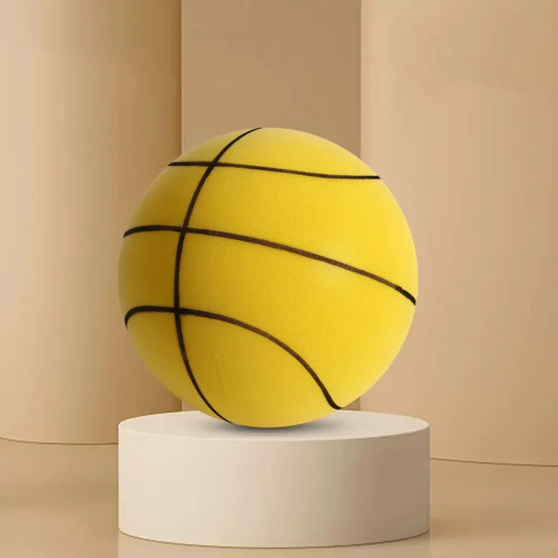 Assorted bright coloured silent high-density foam basketballs in different sizes with a basketball frame.