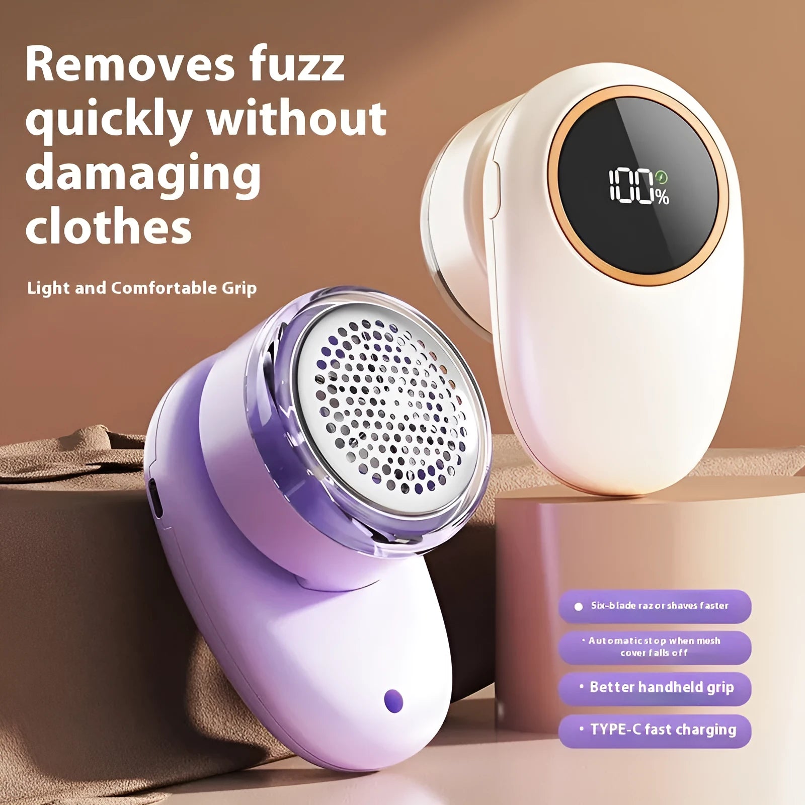 Beige and purple digital display fur ball trimmer with cutter heads for pet hair removal