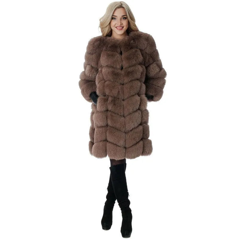 Women's artificial fur coat in dark camel colour with regular sleeves and 80cm length