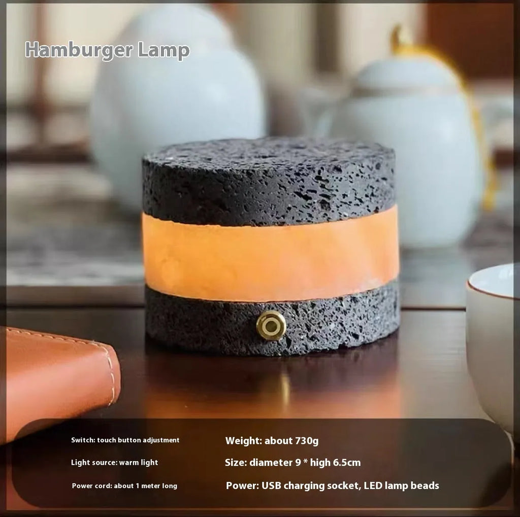 Volcanic rock touch night lamp with USB charging port and essential oil diffuser component