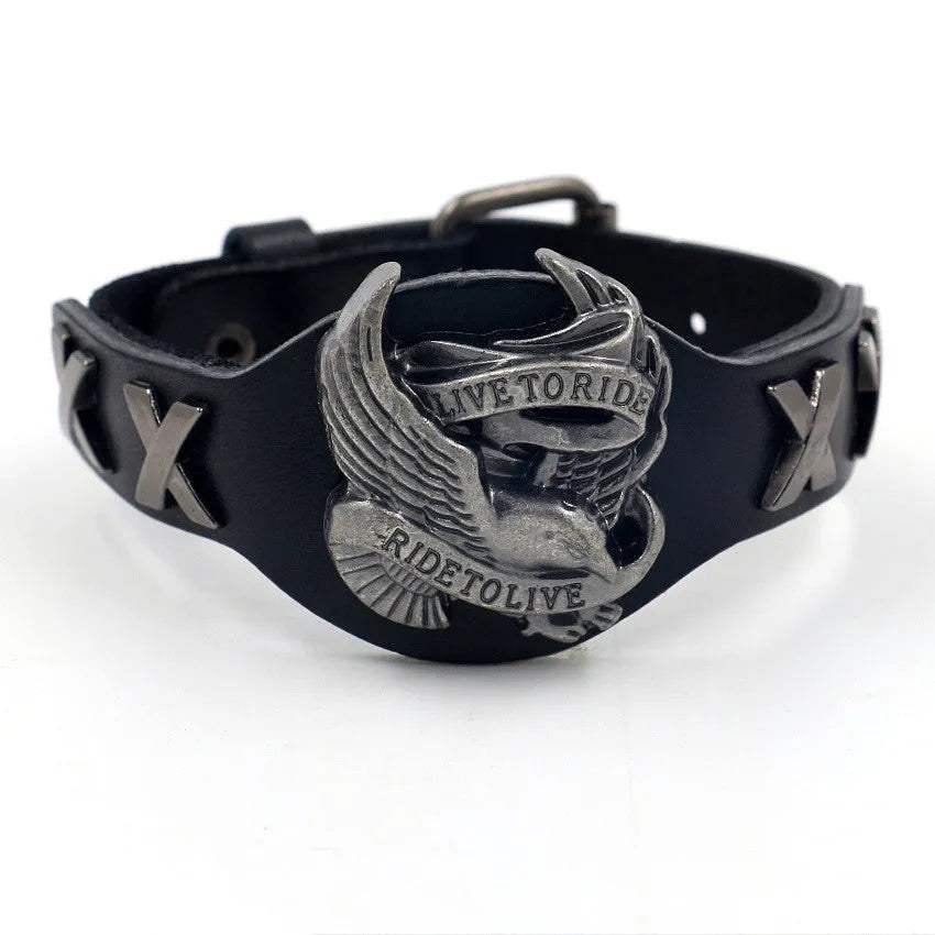 Black leather bracelet with eagle watch buckle clasp geometric design