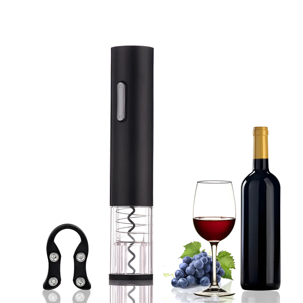 Black, red, and white electric wine bottle opener with foil cutter on a kitchen counter