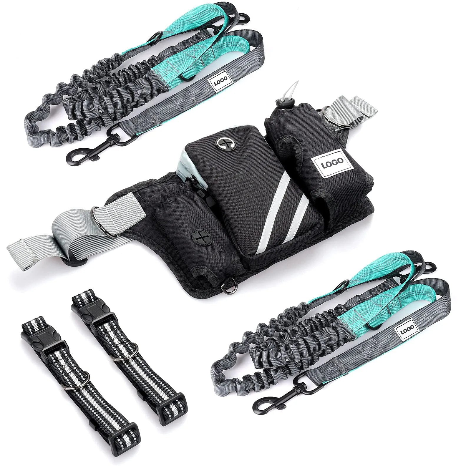 Black nylon outdoor pet training bag set with waist bag and collar leash for dog walking