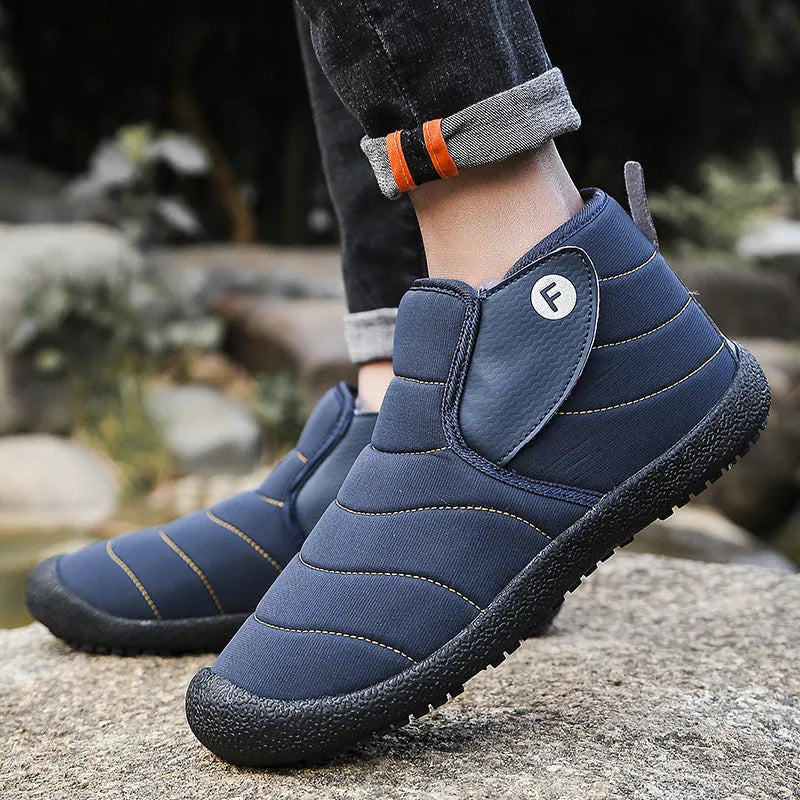 Men's waterproof snow boots with non-slip rubber soles available in black, blue, green, and yellow