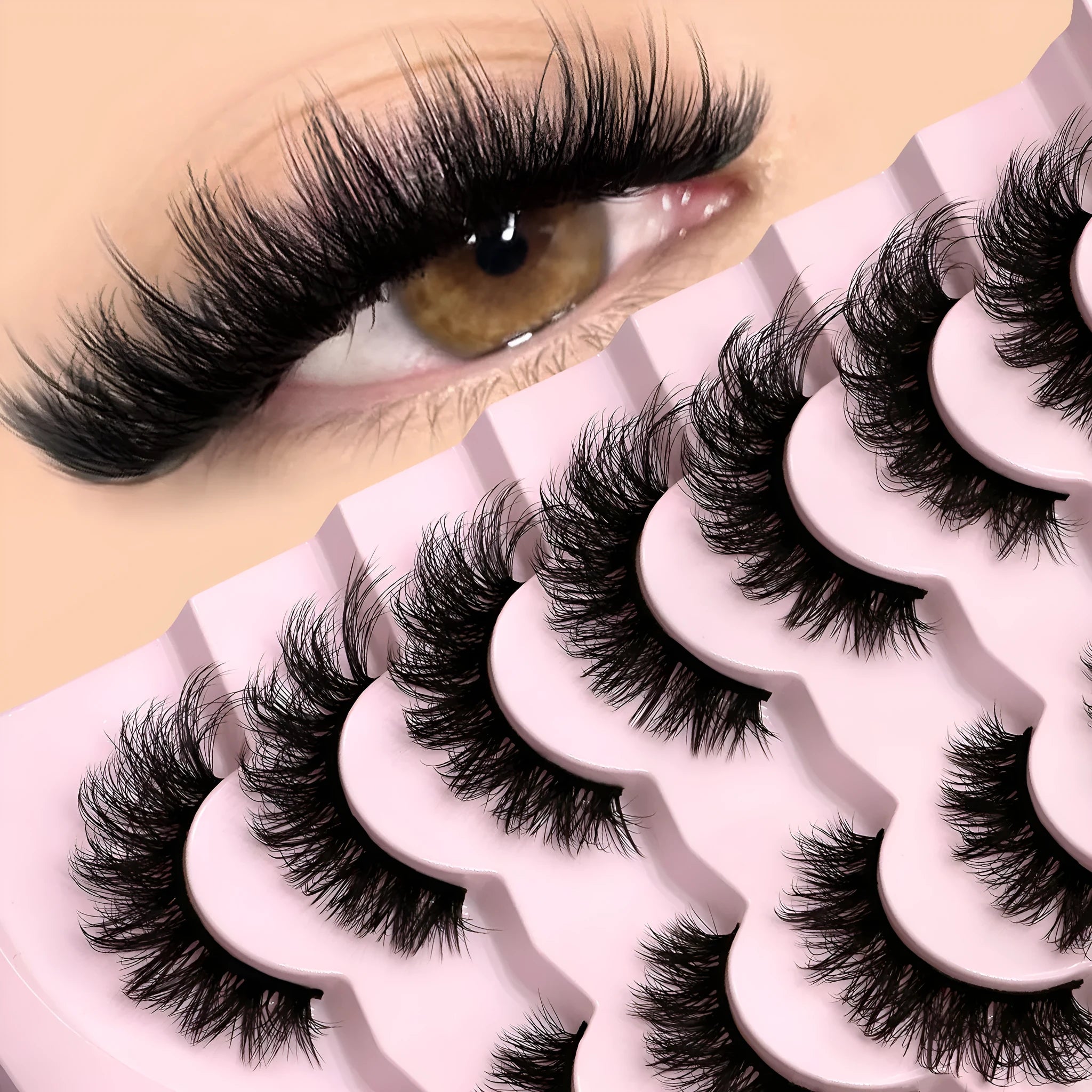 Box of artificial fibre false eyelashes with six style options and included adhesive tube