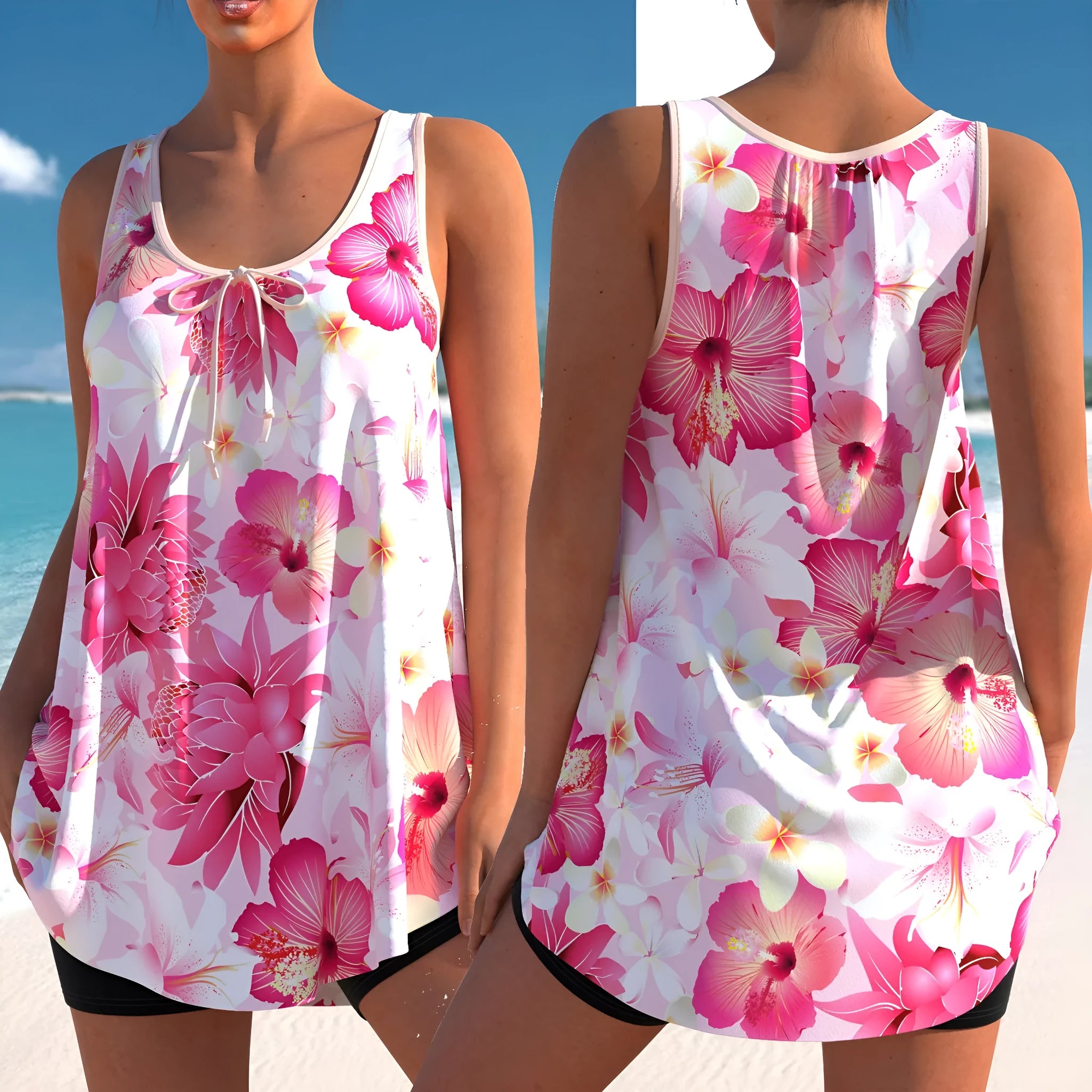 Pink printed plus size tankini swimsuit with high waist briefs and backless design