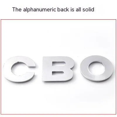 3D metal car bumper sticker showing zinc alloy English letter with black finish, approximately 2.5cm in size
