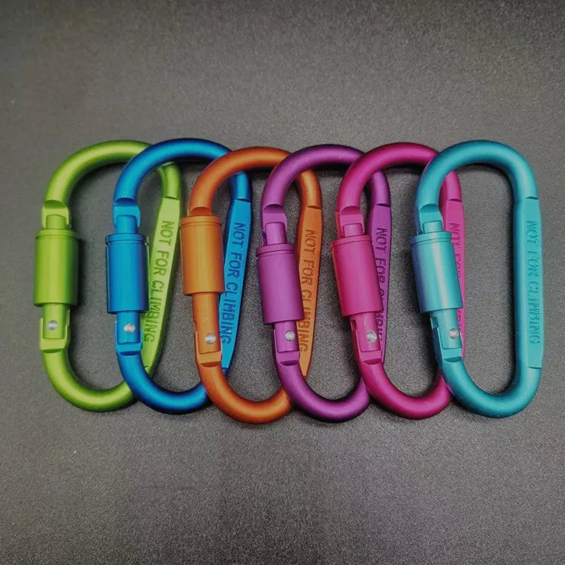 D-type aluminium locking carabiner measuring 8cm in multiple colour options