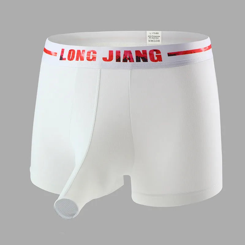 Men's ice silk trunk open boxer briefs on a solid background, showing the mid-waist fit.