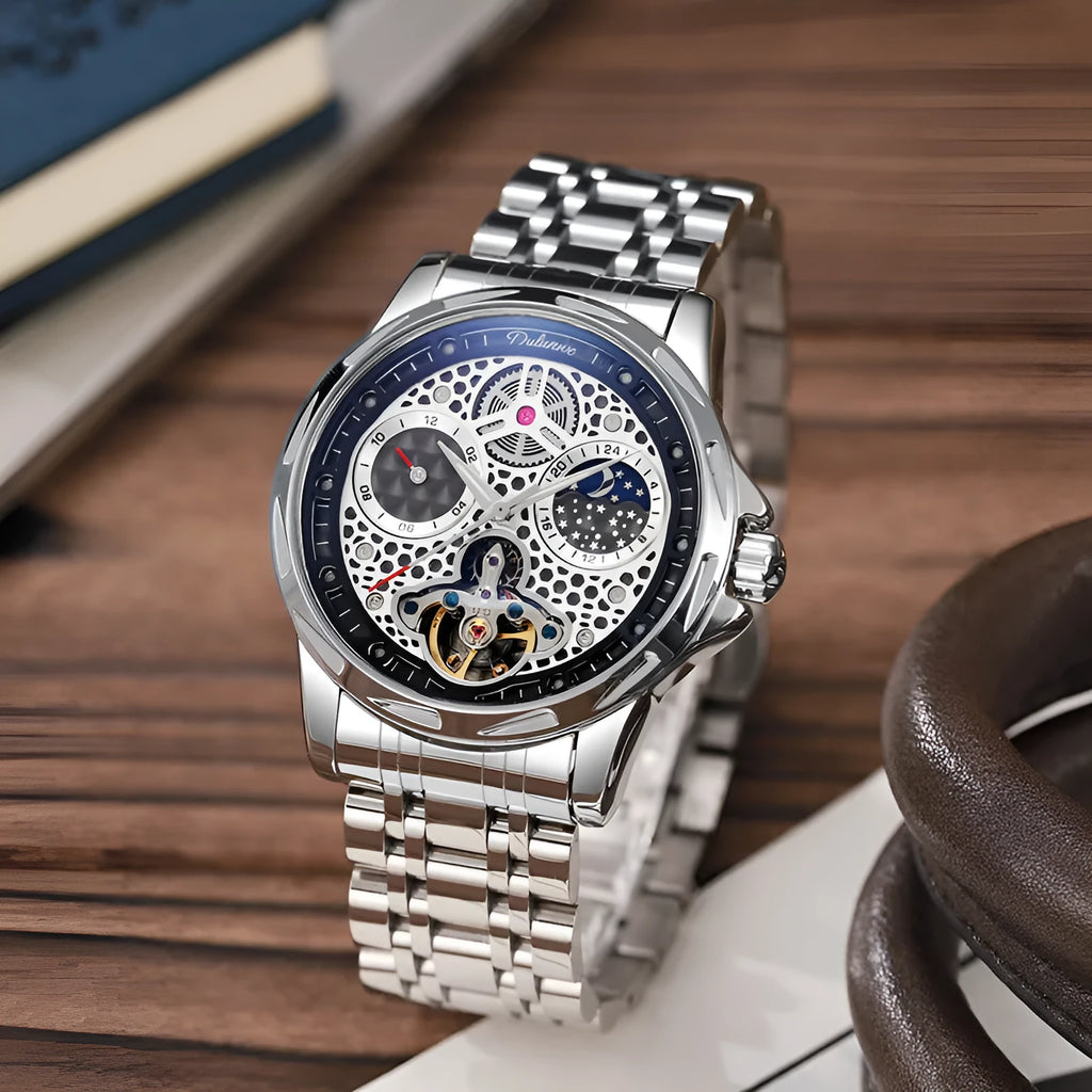 Men's black and silver automatic business watch with luminous hands on steel bracelet