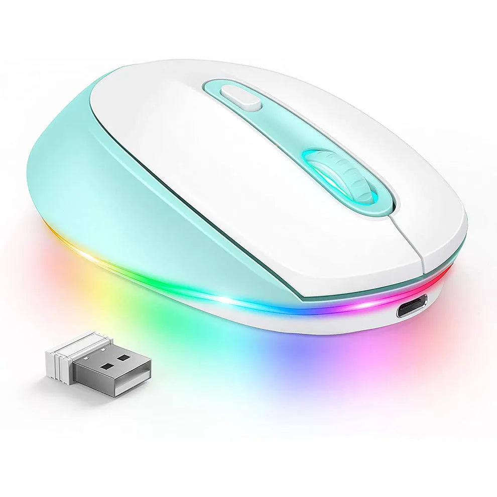 24g rechargeable wireless mouse in various colours showing ergonomic shape and USB cable