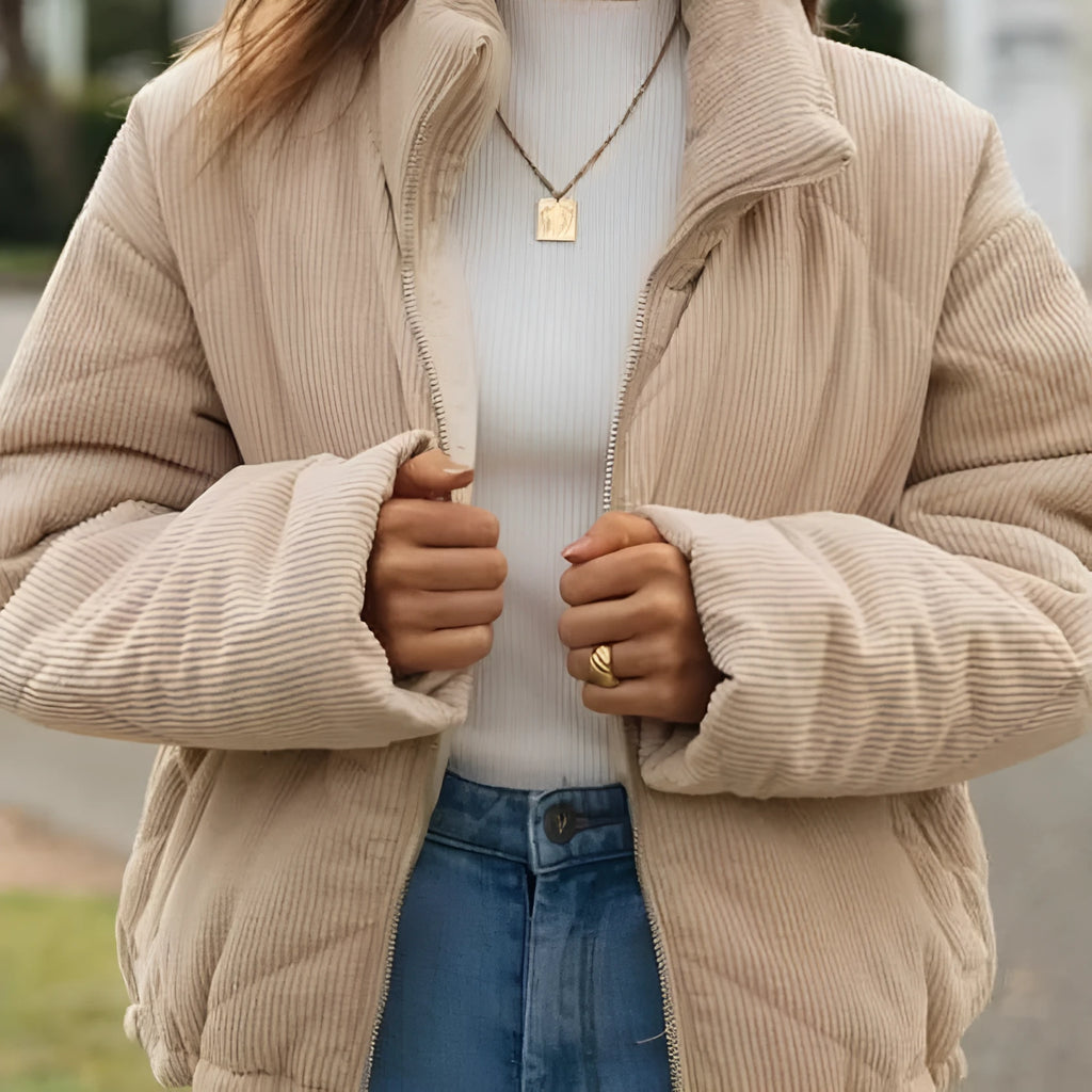 Women's apricot corduroy wadded jacket with stand collar and front zipper