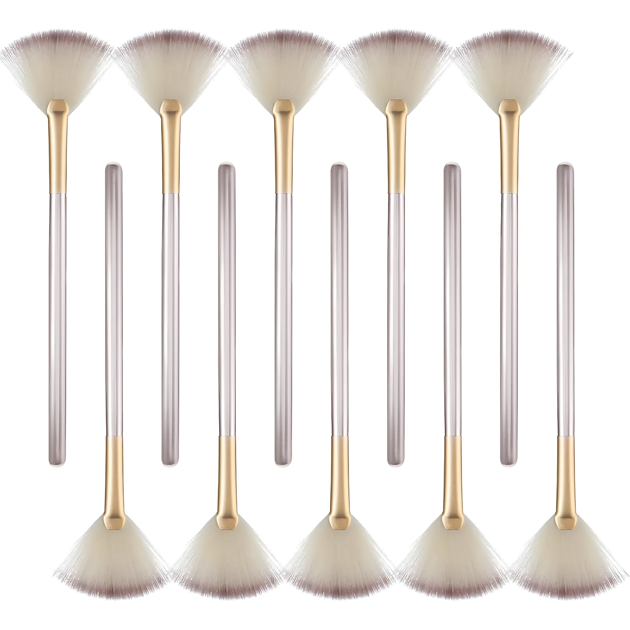 Ten champagne-coloured facial fan brushes with acrylic handles and protective covers laid out.