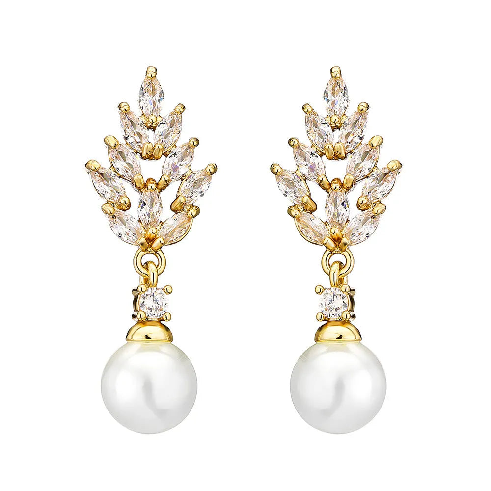Geometric flower earrings with zircon stones and pearl accents in gold, white gold, or rose gold plating