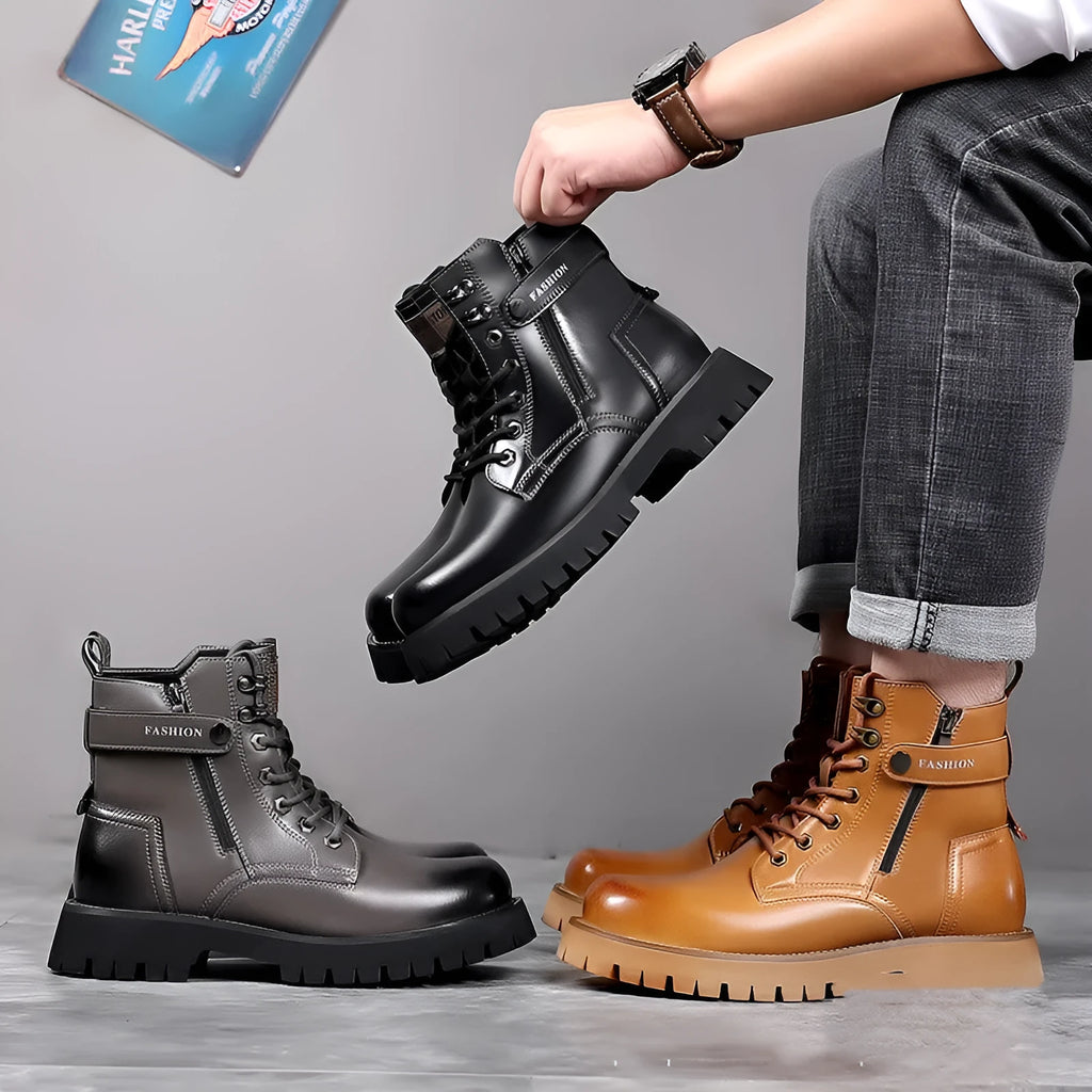 Men's light brown thick-soled high-top Martin boots with side zipper and round toe design