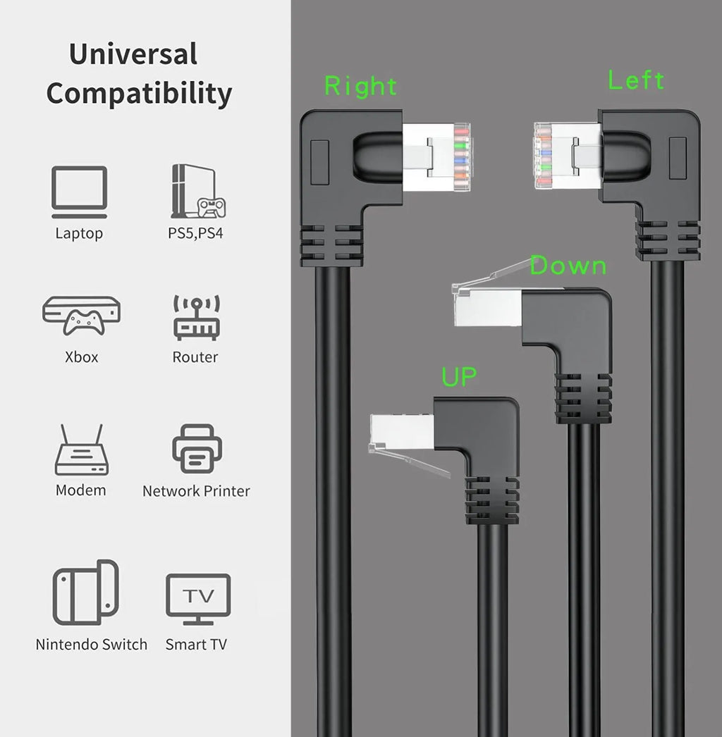 Right-angle Cat6 Ethernet cable with RJ45 connector in various colour options