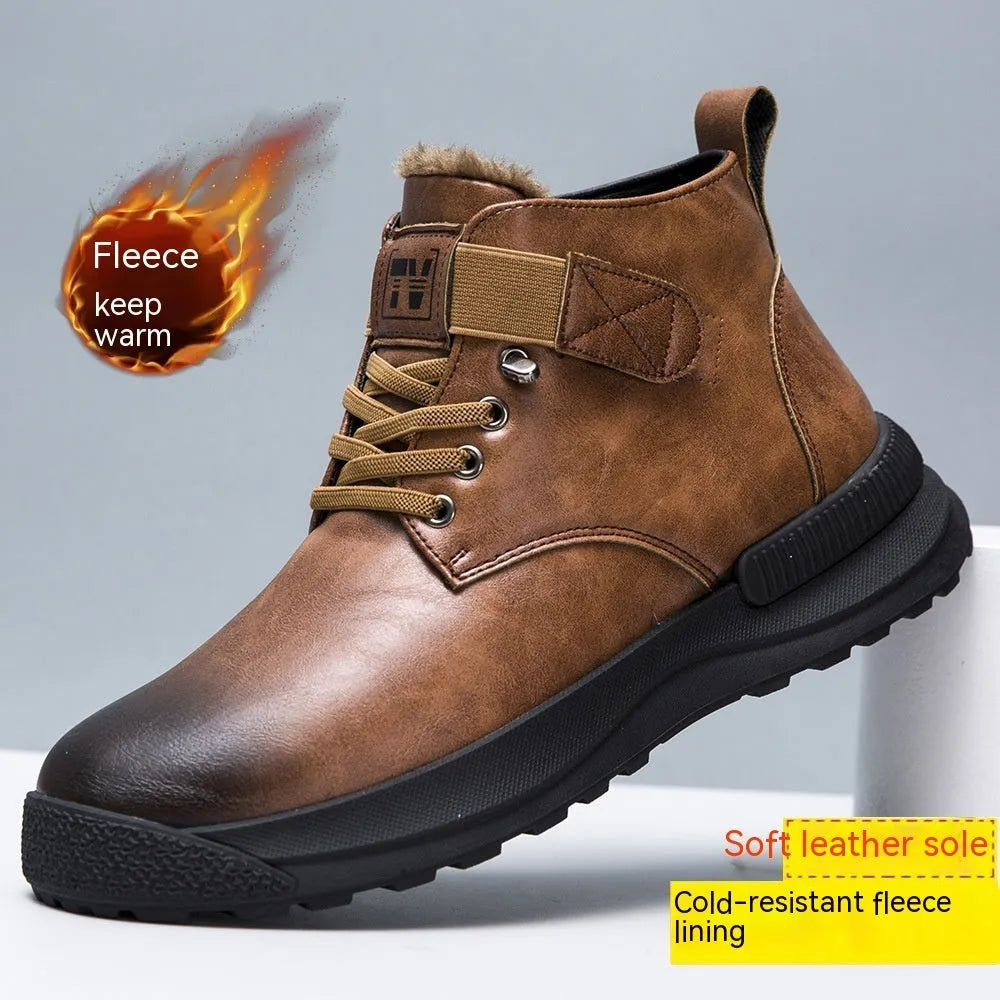Men's black high-top platform Martin boots with velvet PU upper and rubber sole