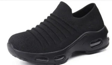 Plus size women's fly-knit sock shoes in stretch mesh with low heel and round toe