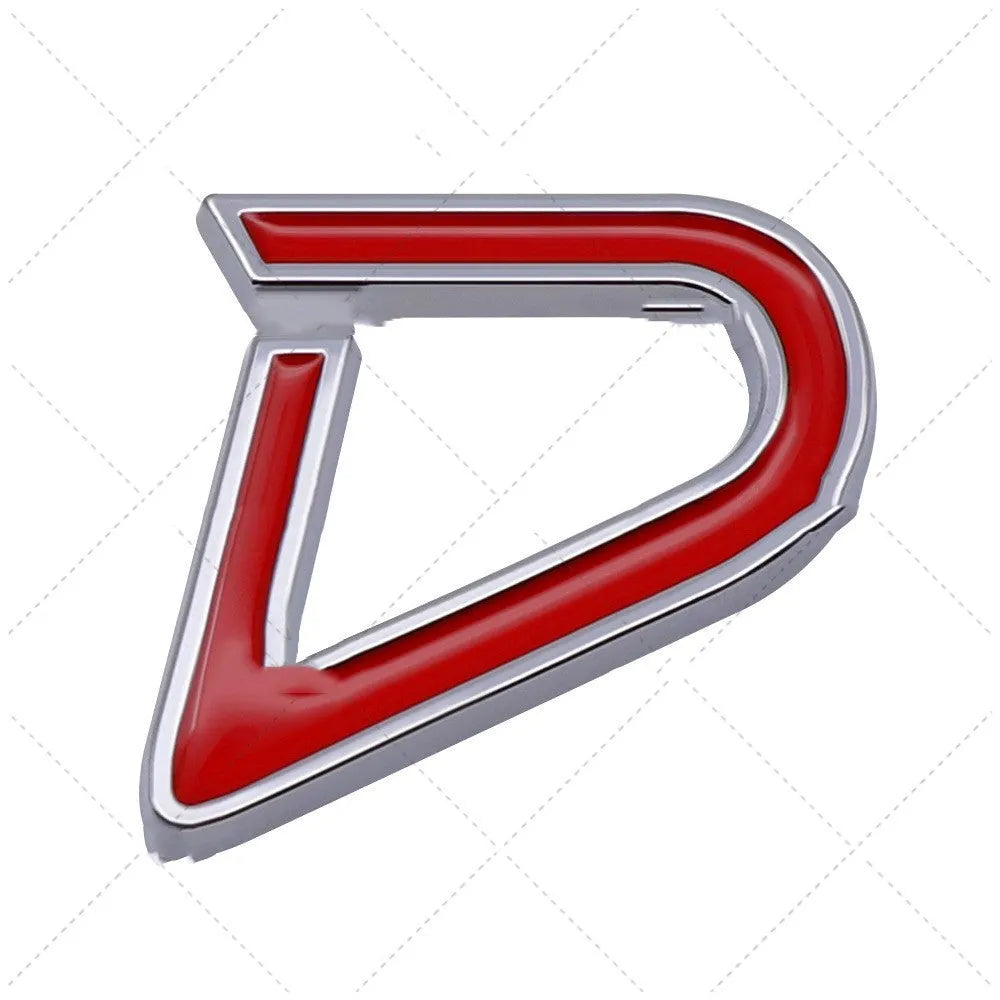 Metal car sticker badge showing SD and D design options in red and silver and red and black colours.